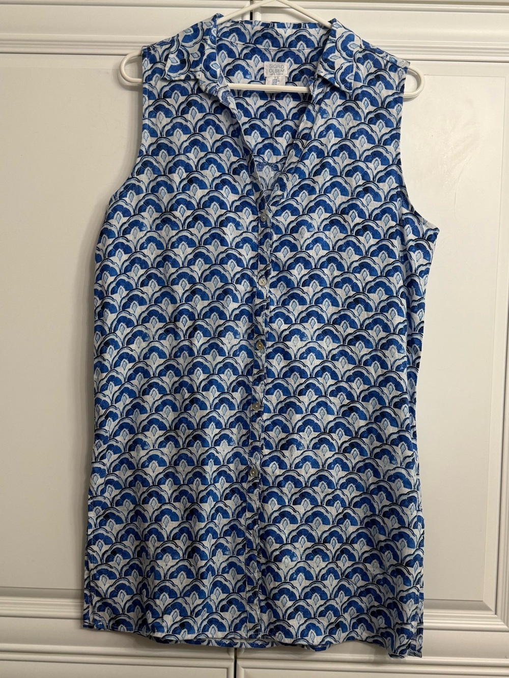 Sigrid Olsen Size M Blue and White Sleeveless Patterned Collared Linen Dress